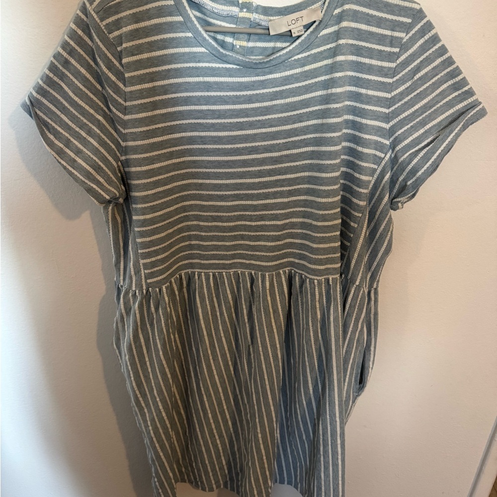 LOFT Striped Grey Blue and Cream Dress